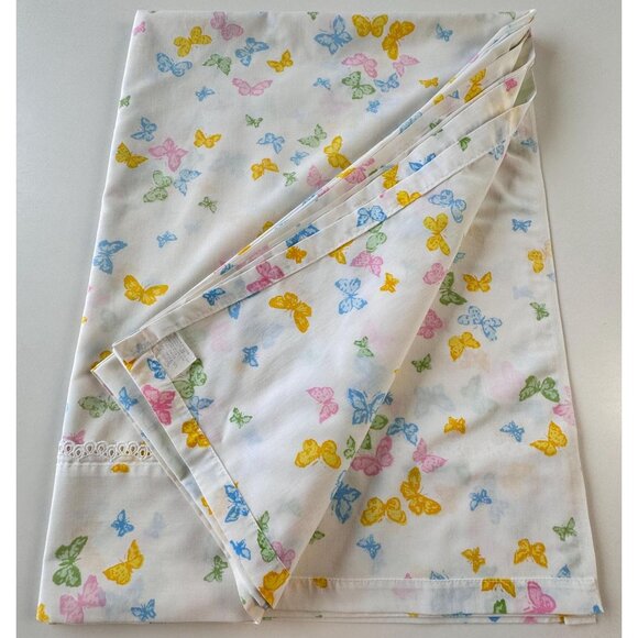 Vintage 70s flat sheet, yellow, pink, blue green butterflies, twin size, Dior - Picture 6 of 8